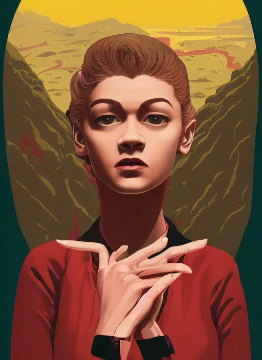 Prompt: Twin Peaks poster artwork by Michael Whelan, Bob Larkin and Tomer Hanuka, Karol Bak of portrait of Zendaya is a high school student working at the diner wearing waitress dress, from scene from Twin Peaks, simple illustration, domestic, nostalgic, from scene from Twin Peaks, clean