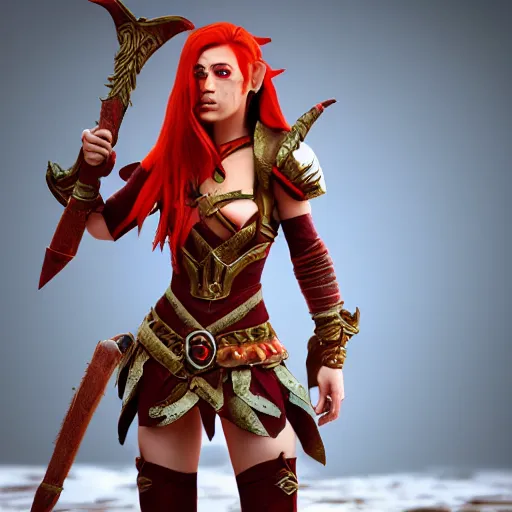 Prompt: beautiful redhead elf, warrior outfit, clash royal style characters, unreal engine 5, octane render, detailed, cinematografic, cinema 4 d