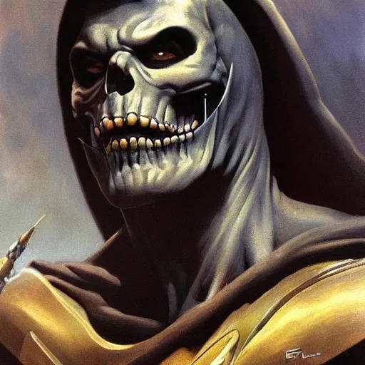 Prompt: ultra realistic portrait painting of skeletor as batman, art by frank frazetta, 4 k, ultra realistic, highly detailed, epic lighting