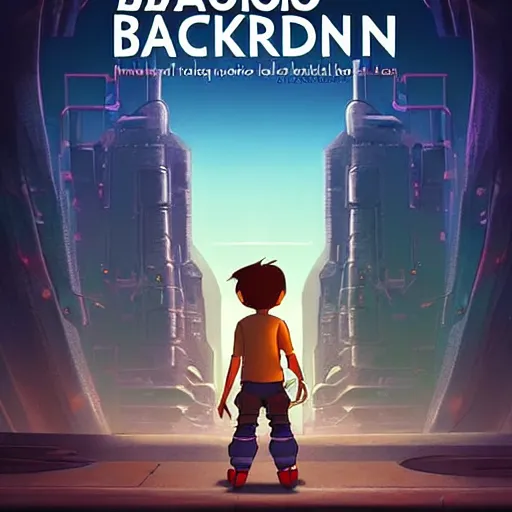 Image similar to film poster, novel cover art for a book, an adventurous boy and his small robot friend, futuristic city backgrond, eleborate composition with foreground and background, depth of field, fantasy illustration by kyoto studio, don bluth!!!, square enix, cinematic lighting