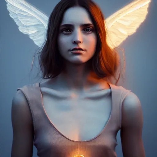 Image similar to portrait art of female angel, art by alessio albi 8 k ultra realistic, angel wings, lens flare, atmosphere, glow, detailed, intricate, full of colour, led lighting, trending on artstation, 4 k, hyperrealistic, focused, extreme details, unreal engine 5, masterpiece