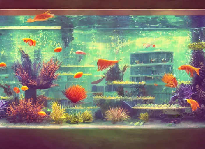 Prompt: arrays of betta tanks, pleasing two - point - perspective anime background clean neat clarity professional visual development set design, tiny cozy store with hanging bird cages and bright fish aquariums, sparse planted terrariums, dim painterly lighting volumetric aquatics, impasto, trending on pixiv