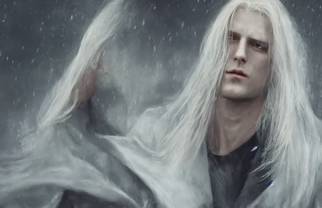 Prompt: a realistic detail portrait of a beautiful johan liebert alucard in middle earth, long blond hair, very very very light pale white skin, beautiful long blond hair, raining, mist, magic, dragon, goth by Julian calle, wlop, greg rutkowski, Finnian MacManus, Trending on artstation, black and yellow scheme, 8k, RE Engine