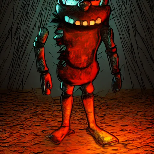 Image similar to creepy ruined abandoned fnaf character, fnaf animatronic rising from the lagoon at night, creepypasta, lamps in the night sky