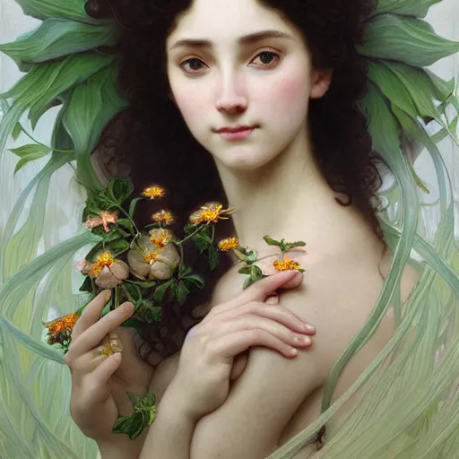 Image similar to portrait of flower goddess, full body, cute detailed face, bay leafes, tendrils, intricate, elegant, highly detailed, digital painting, artstation, concept art, smooth, sharp focus, illustration, art by artgerm and greg rutkowski and alphonse mucha and william - adolphe bouguereau and stephanie law