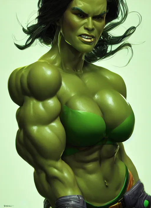 Image similar to she hulk portrait, hyper detailed, digital art, trending in artstation, cinematic lighting, studio quality, smooth render, unreal engine 5 rendered, octane rendered, art style by klimt and nixeu and ian sprigger and wlop and krenz cushart.