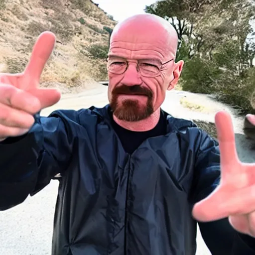 Image similar to walter white sending a selfie doing a heart gesture