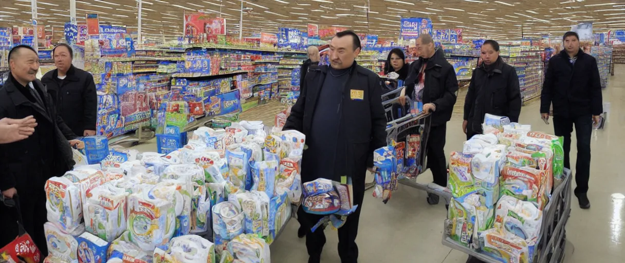 Prompt: genghiz khan in walmart buying lots of toilet paper