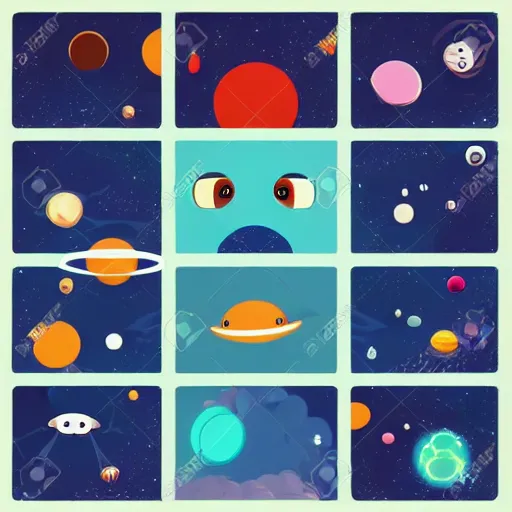 Image similar to outer space view of living planets with cartoon faces, style by kurzgesagt and pixar and dreamworks and disney