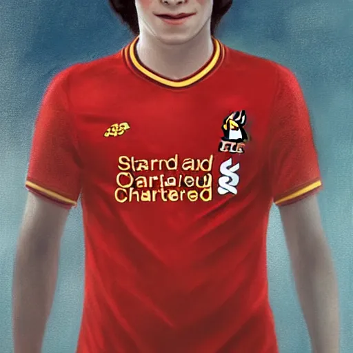 Image similar to portrait of harry potter wearing a liverpool jersey, highly detailed, masterpiece painting, 4 k,