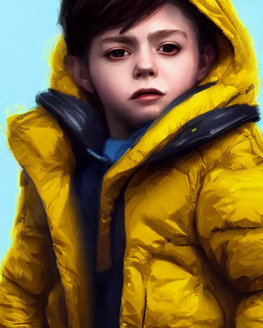 Prompt: a tiny punk kid wearing a puffy yellow jacket, smooth, intricate, elegant, digital painting, artstation, concept art, sharp focus, illustration, art by sam spratt, valorant character,