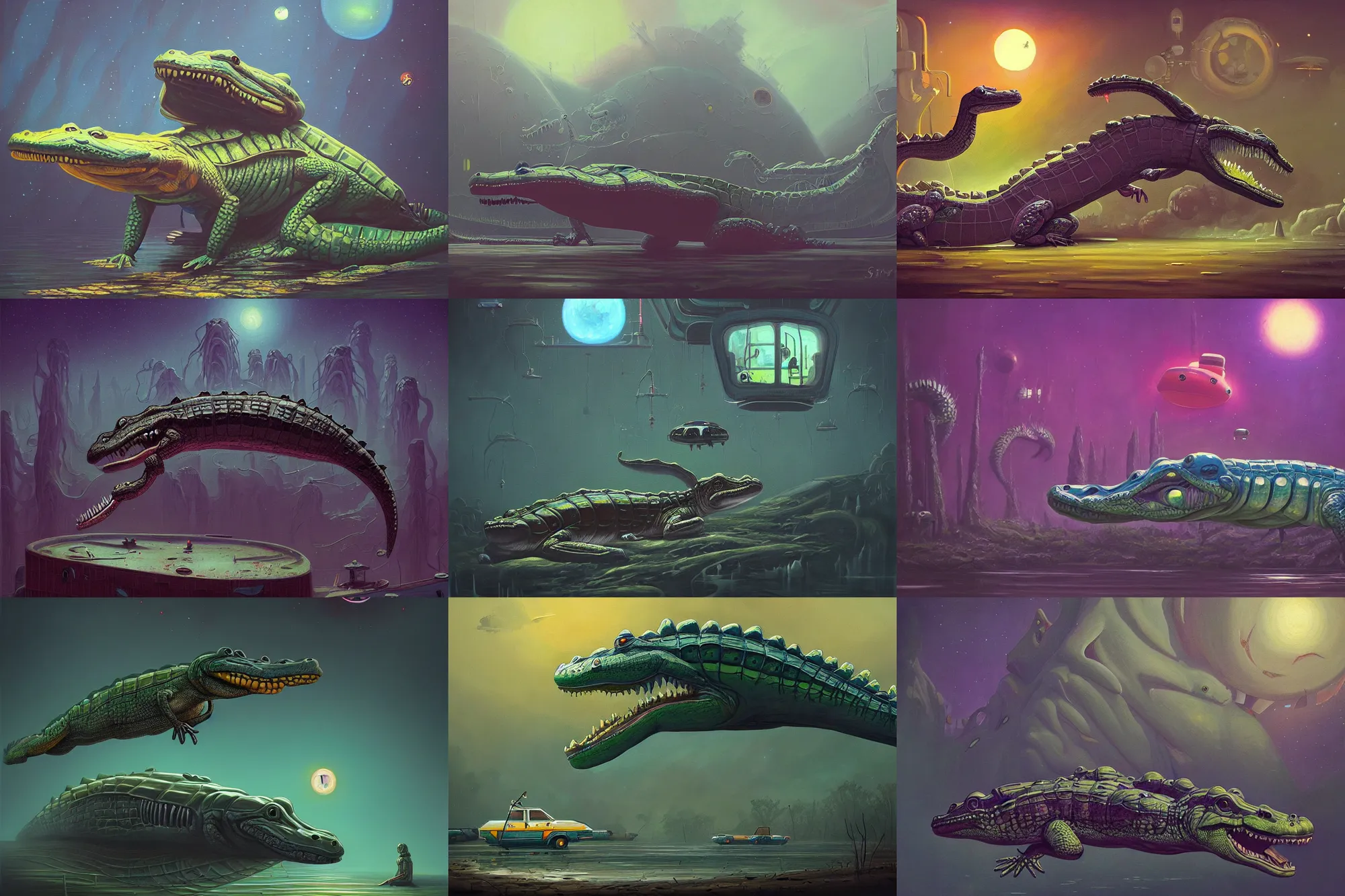 Prompt: beautiful painting of a dreamy alligator spaceship in the style of Simon Stålenhag and H. R. Giger, detailed, trending on Artstation