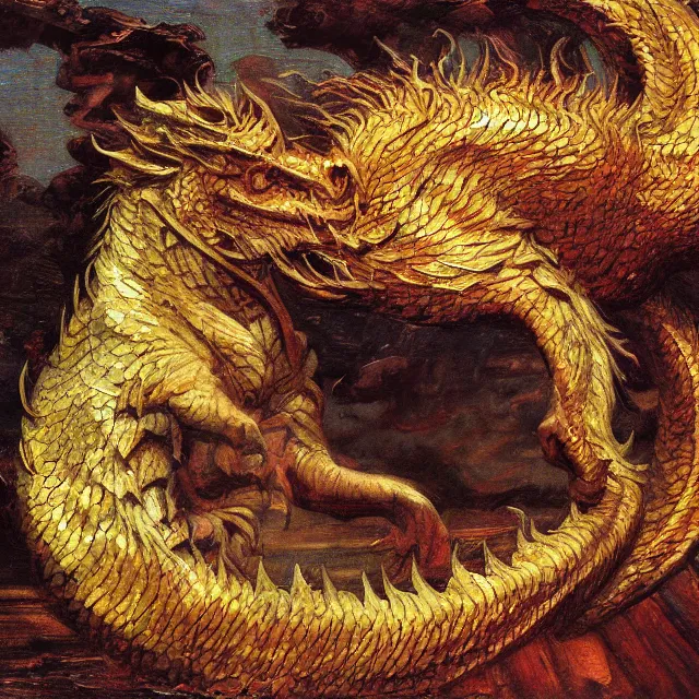 Image similar to draconic chimera gold scales divine wrath fierce fury chimera (gorgeous) by John William Waterhouse, oil painting award winning, chromatic aberration sharp colors