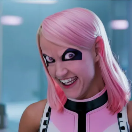 Image similar to A still of Gwenpool in Deadpool 3 (2023), blonde hair with pink highlights, no mask, white and light-pink outfit, smiling and winking at the camera, comics accurate design