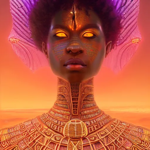 Image similar to highly detailed portrait of an african neon egyptian goddess, intricate alien technology, stephen bliss, unreal engine, fantasy art by greg rutkowski, loish, rhads, ferdinand knab, makoto shinkai and lois van baarle, ilya kuvshinov, rossdraws, tom bagshaw, global illumination, radiant light, detailed and intricate environment