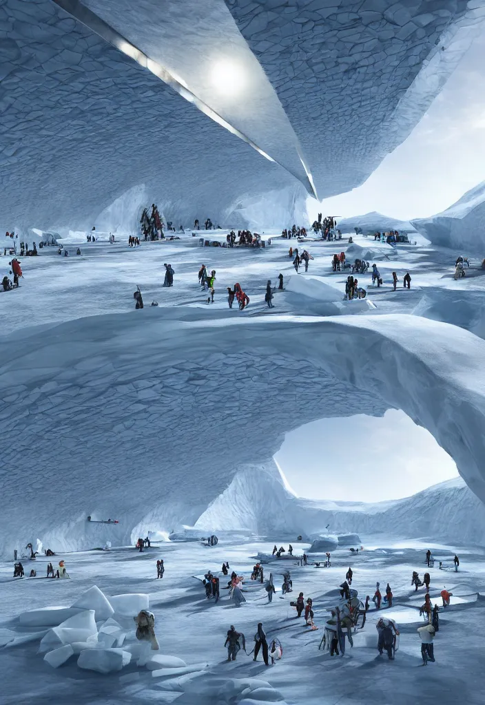 Image similar to Multiple connecting tunnels in antartica with a thin ice roof that reflect the sun in a beautiful way, multiple native people dancing in the tunnels around campfires and igloos, facinating and imposing, fantasy digital art, octane render, beautiful composition, trending on artstation, award-winning photograph, masterpiece