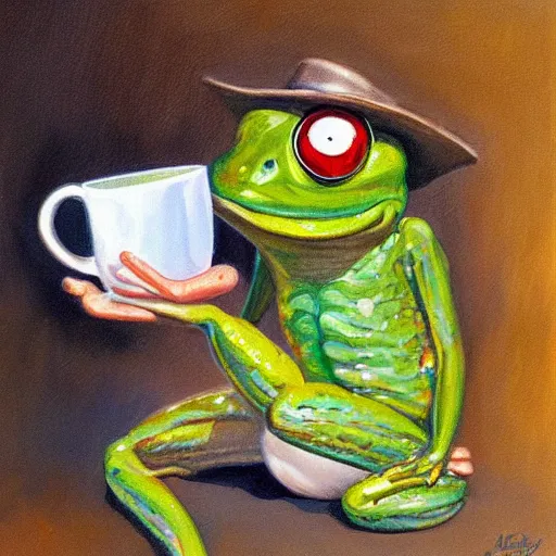 Prompt: mr 🐸 drinking ☕ by james gurney