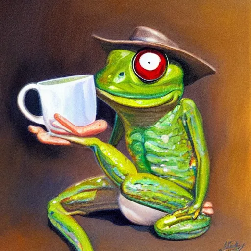 Image similar to mr 🐸 drinking ☕ by james gurney