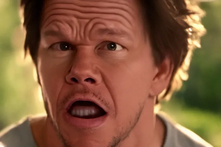 Image similar to mark wahlberg as matt daemon, all faces are distorted contorted, shock, repulsion, disgust, frustration, annoyance, laughter, smirk, snicker, cinematic still, movie still, long lens, shallow depth of field, bokeh, anamorphic lens flare, 8 k