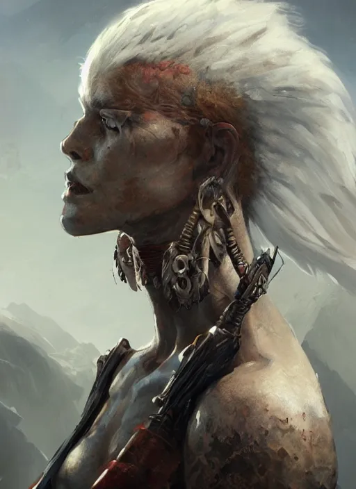 Image similar to hyper realistic photography portrait of postapocalyptic albino cyborg tribal warrior amazon cinematic, vallejo, craig mullins greg rutkowski, artstation, cgsociety