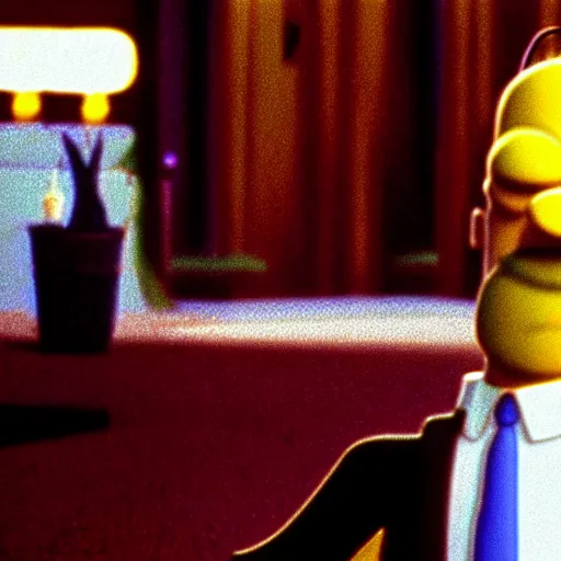 Image similar to a still of homer simpson from die hard ( 1 9 8 8 ), long shot, 1 5 0 mm