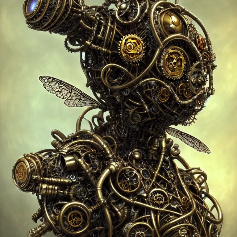 Image similar to steampunk cybernetic biomechanical bee with wings, 3 d model, very coherent symmetrical artwork, unreal engine realistic render, 8 k, micro detail, intricate, elegant, highly detailed, centered, digital painting, artstation, smooth, sharp focus, illustration, artgerm, tomasz alen kopera, wlop