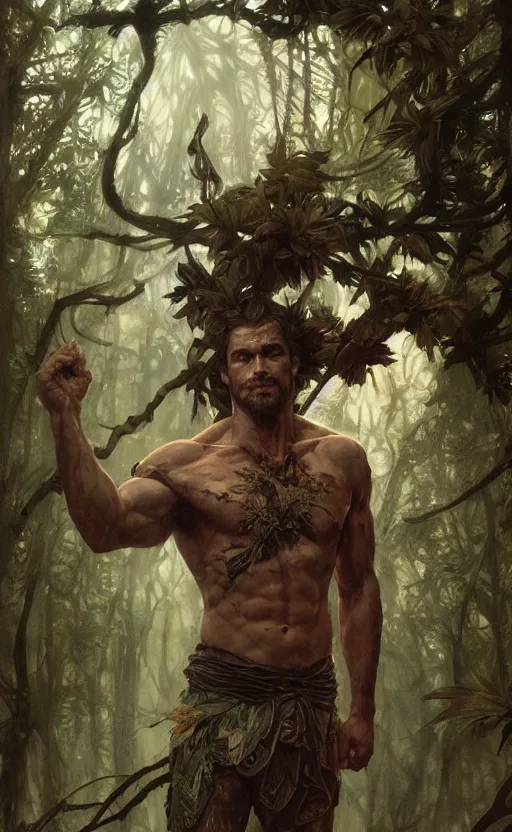 Image similar to god of the forest, 3 0 years old, rugged, handsome, male, detailed face, clean lines, atmospheric lighting, amazing, full body, thighs, flowers, muscular, intricate, highly detailed, digital painting, deviantart, concept art, sharp focus, illustration, art by greg rutkowski and alphonse mucha