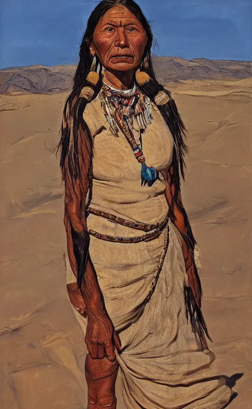 Prompt: full body shot picture of indigenous people woman leader in desert, painted by lucian freud, hd, super detailed, realistic, muted colors