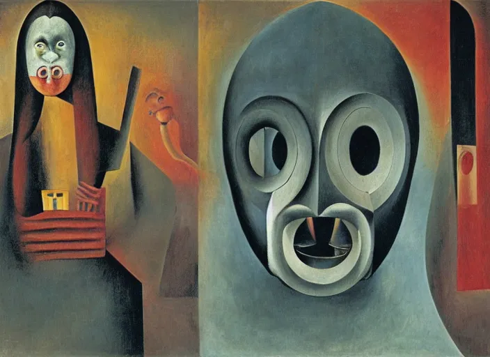 Prompt: singing strange machine with a faceless mask by leonora carrington and rene magritte and salvadore dali