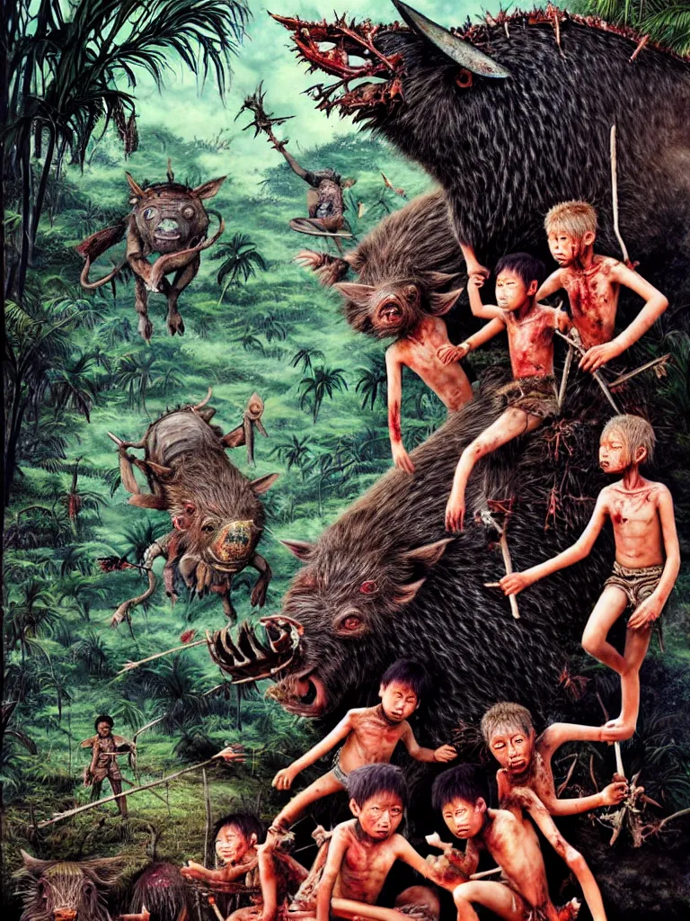 Image similar to realistic detailed image of Lord of the Flies. Dystopian horror of abandoned feral children on a tropical island and a dead giant boar, by Hou Yimin, Dan Howard, Allan Houser, Alice Hunt and Peter Hurd, Neo-Pagan, rich deep colors. Painting by Byun Shi Ji and Jiang Feng masterpiece