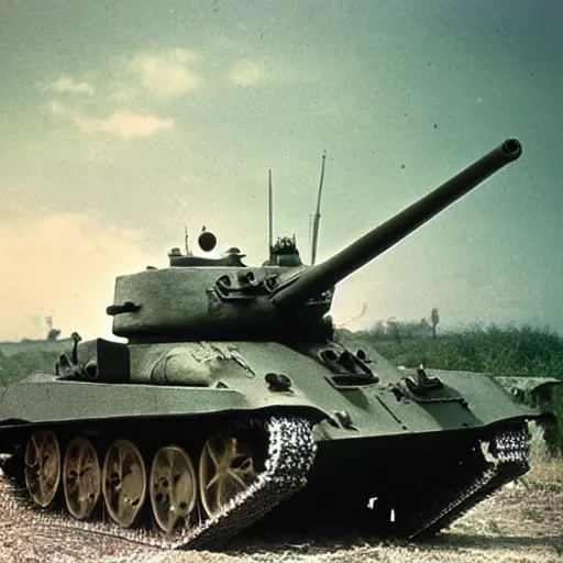 Prompt: “armoured tank shooting flowers world war 2 color restoration film vhs”