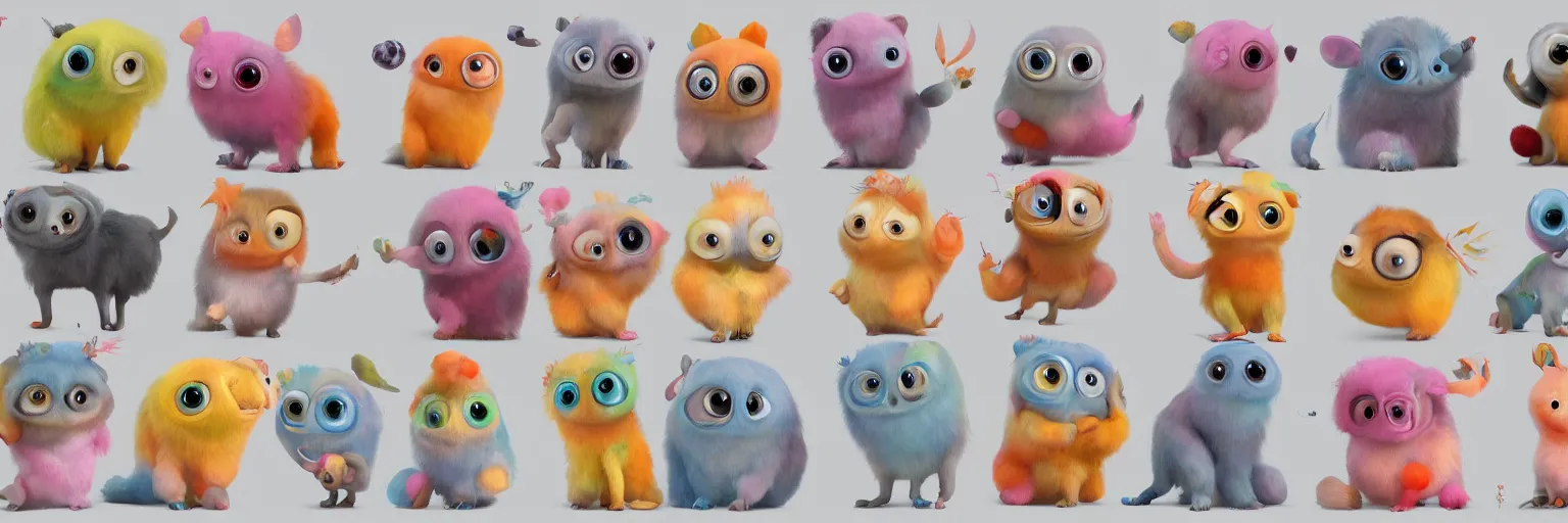 Prompt: concept sheet of cute colorful 3 d family fluffy animal characters for kids style by machinarium amanita design, big eyes, simple smooth shapes and forms, reflective like candy, masterpiece, intricate concept art, 8 k, artstation