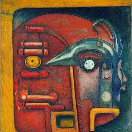 Prompt: head of a robot shaman, by annie swynnerton and edward hopper and jean delville and rufino tamayo and diego rivera and evelyn de morgan, art deco shaman, stylized geometric flowers, art brut, outsider art, symbolist, dramatic lighting, god rays, clean crisp graphics, smooth sharp focus, extremely detailed, adolf wolfli