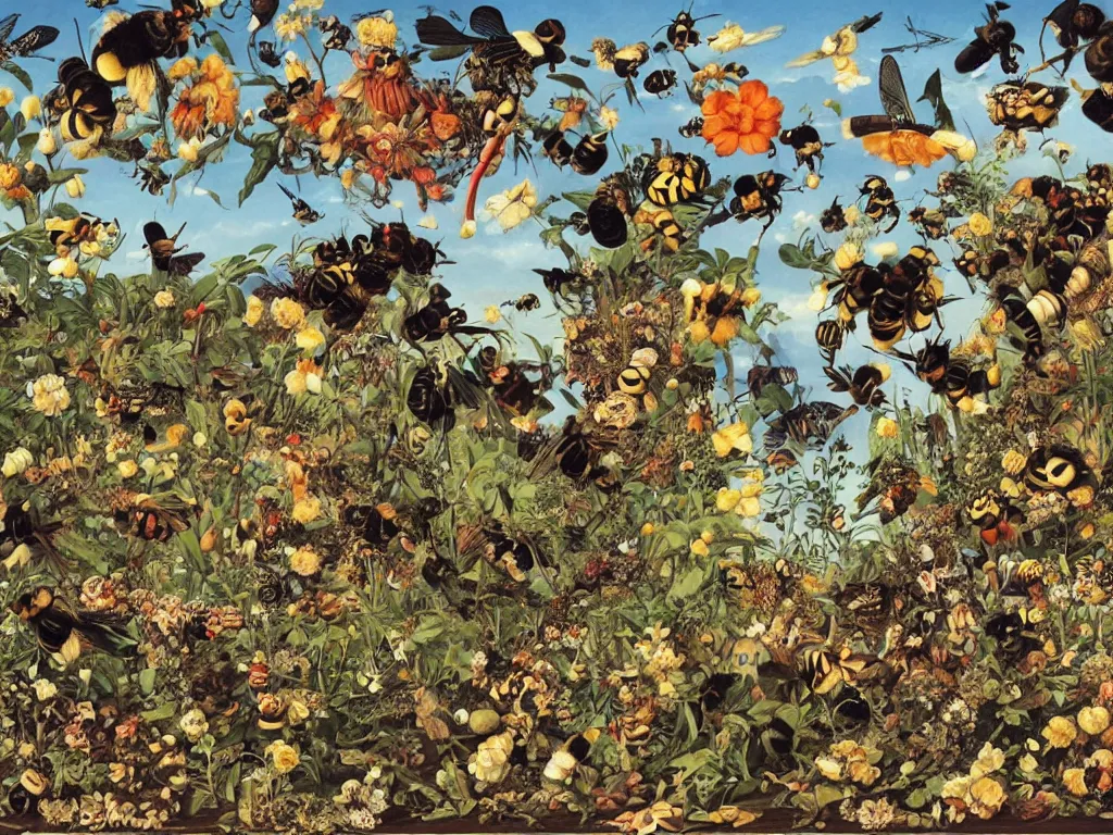 Prompt: the world as seen by a bee. Painting by Walton Ford