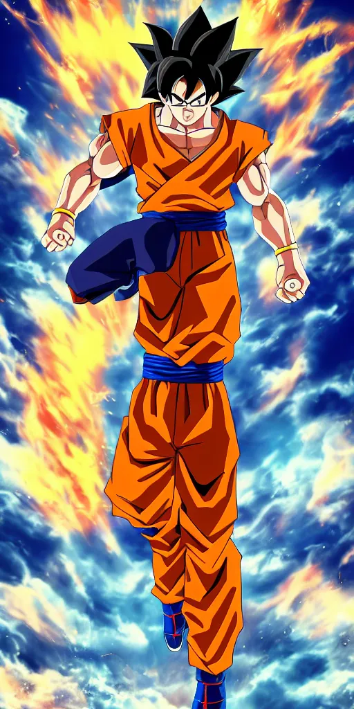 Image similar to son goku full body, photorealistic, highly detailed, 8 k, sharp focus, simple background, cinematic