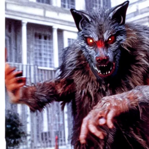 Prompt: film still of a funny looking werewolf extending out his hand, asking for food, in an american werewolf in london