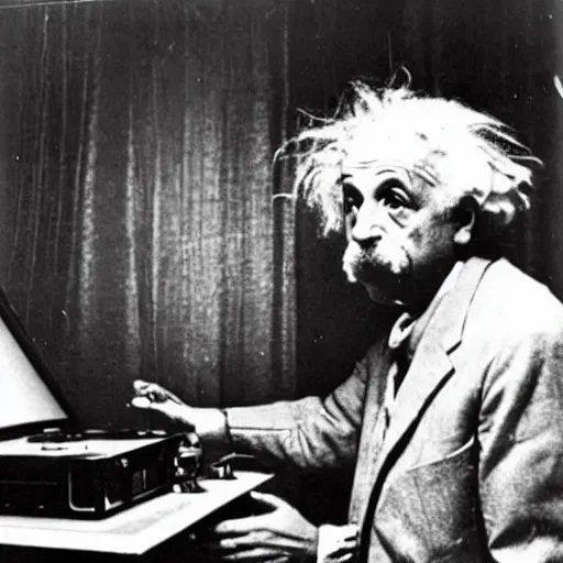 Image similar to photo of Albert Einstein DJing a record player at a nightclub, vintage, highly detailed facial features, at a nightclub