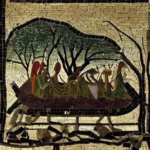 Image similar to A beautiful photograph of a coffin being carried by six men through an ethereal, otherworldly landscape. The coffin is adorned with a relief of a skull and crossbones, and the men are all wearing hooded cloaks. The landscape is eerie and foreboding, with jagged rocks and eerie, glowing plants. in Ancient Egypt, roman mosaic by Francesca Woodman, by Malcolm Liepke, by Mark Lague elaborate