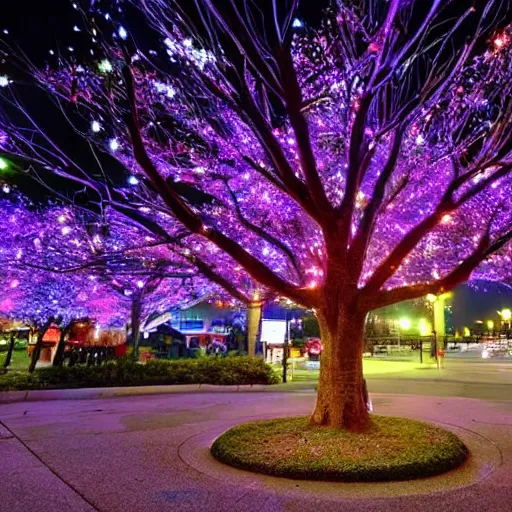 Image similar to beautiful anime tree at night with lots of lights and a tori gate