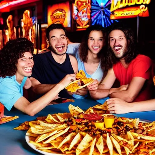 Prompt: jesus and his disciples having a fun dinner at an arcade splitting nachos