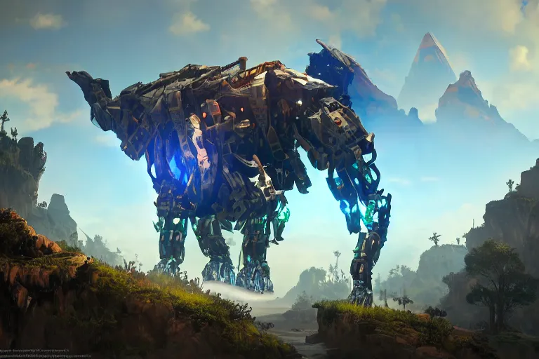 Image similar to grimhorn fanghorn machine mecha animal beast robot of horizon forbidden west horizon zero dawn bioluminiscence global illumination ray tracing hdr fanart arstation by sung choi and eric pfeiffer and gabriel garza and casper konefal