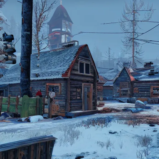 Image similar to small wooden settlers village, canada in the winter in ruins post - nuclear war in fallout 4, in game screenshot