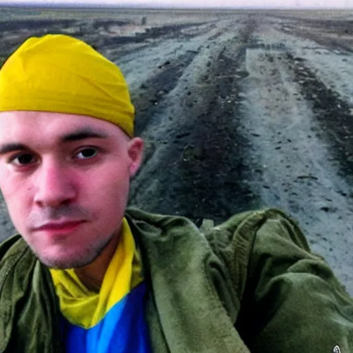 Image similar to a selfie of a ukrainian on the background of a nuclear explosion in yellow - blue rags shoots himself in the head to die a less painful death