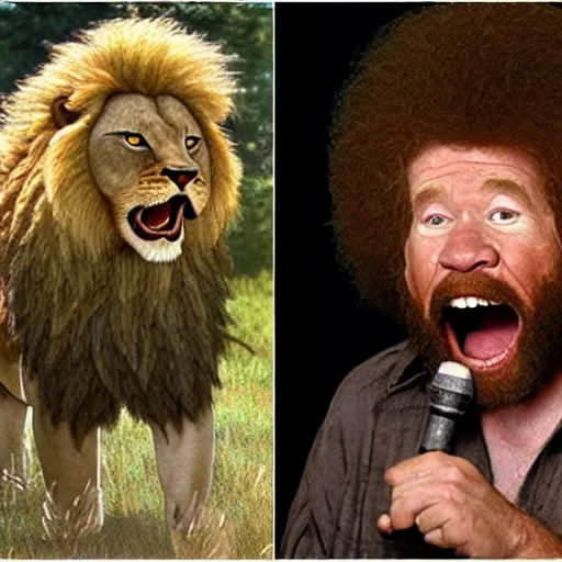 Image similar to bob ross screaming at a screaming lion screaming bob ross