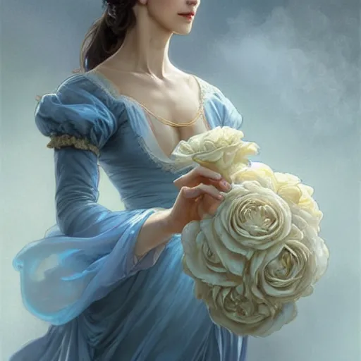 Image similar to woman dressed in a vaporous wrapped large victorian cream roses silk semi-transparent blue and cream dress fashion is running D&D, fantasy, intricate, elegant, highly detailed, digital painting, artstation, concept art, matte, sharp focus, illustration, art by Artgerm and Greg Rutkowski and Alphonse Mucha