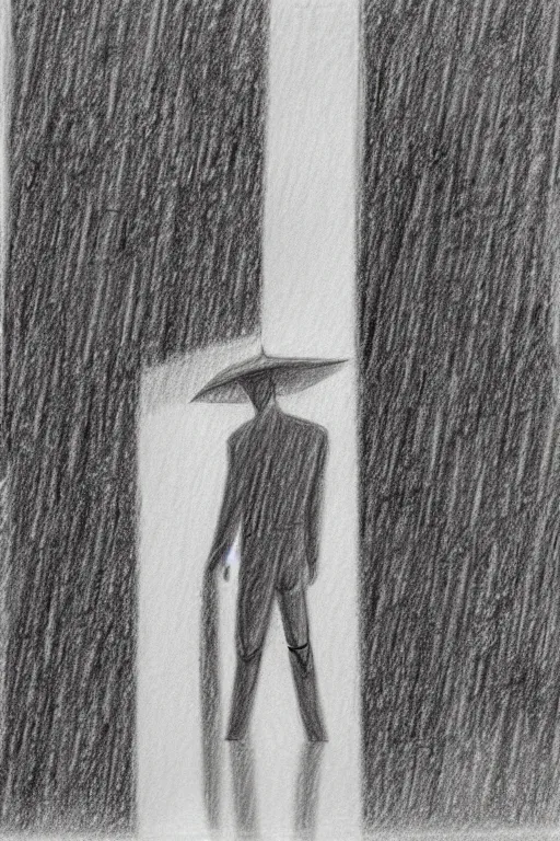 Image similar to a drawn man standing in the rain. pencil sketch.