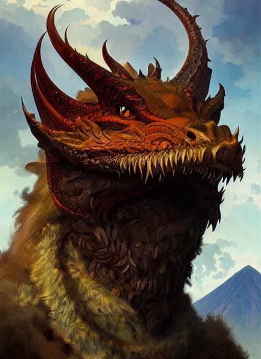 Image similar to ''face portrait furry handsome dragon, volcano landscape, fantasy, d & d, sharp focus, detailed, digital painting, art by greg rutkowski and alphonse mucha''