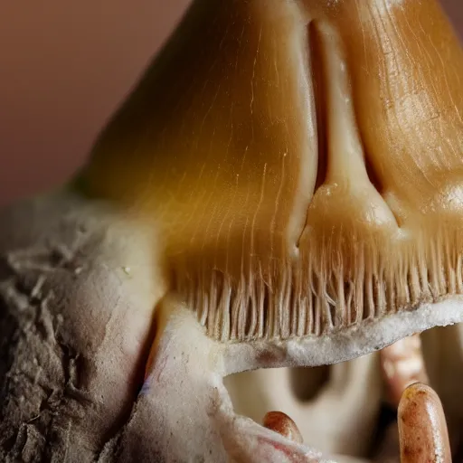 Prompt: psychedelic mushroom made from human skin and teeth on display 50mm shallow dof