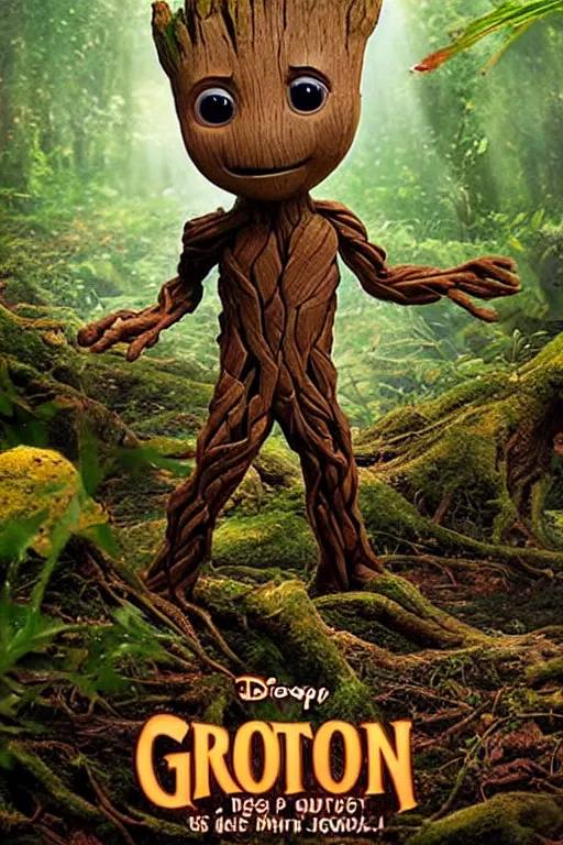 Prompt: poster showing little cute Groot takes a bath in the forest by disney plus