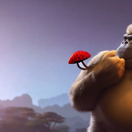 Image similar to a wholesome animation key shot of a small gorilla holding a amanita muscaria, chilled out smirk on face, listening to music, jeep in background, studio ghibli, pixar and disney animation, sharp, rendered in unreal engine 5, anime key art by greg rutkowski, bloom, dramatic lighting